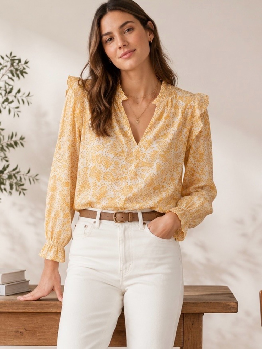 J. Crew Factory Orange Paisley Botanical ‘Ruffle-Collar Top’ Size XS